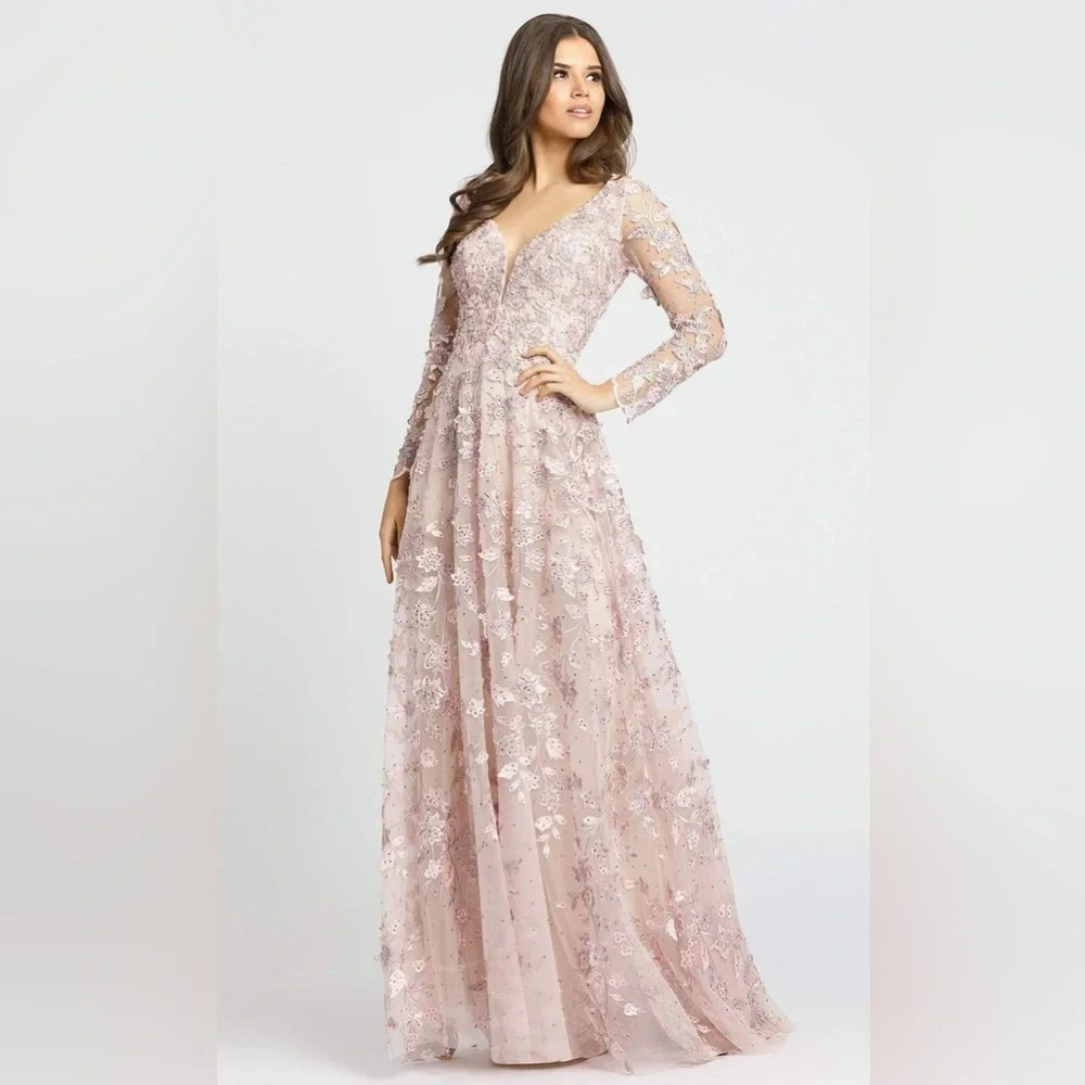 Mac Duggal Pink Floral Applique Long Sleeve Illusion Gown Dress Size 8 NWT - Picture 10 of 15